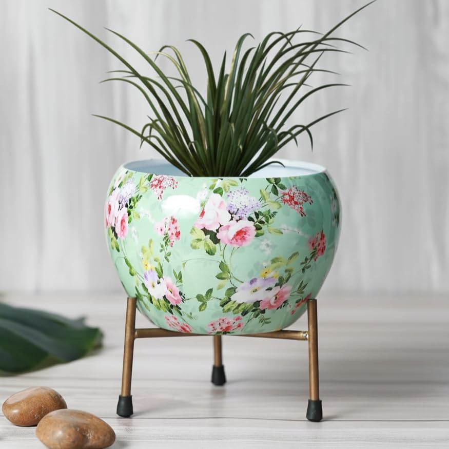Image of Handicraft Indoor Plant Meena Pots with Stand Set of 2 | Decorative Pot for Indoor Plants Rust Free Metal Plant Pots for Living Room, Balcony and Garden (Green)