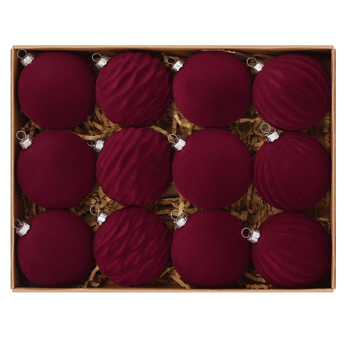 Maritown 12pcs Velvet Christmas Baubles 6cm Flocked Shatterproof Velvet Baubles Plastic Xmas Ball Decorative Hanging Ornaments For Christmas Tree Decorations (B-Wine Red, 6cm)