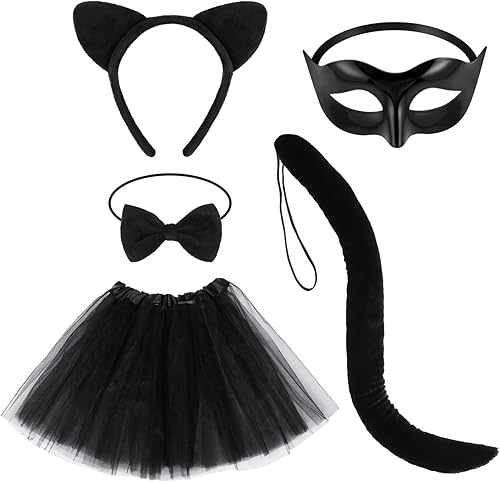 Beaupretty Disfraz de gato negro para mujer, accesorios de disfraz de gato, diadema de orejas de gato, cola de cosplay, falda tutú, corbatín, media