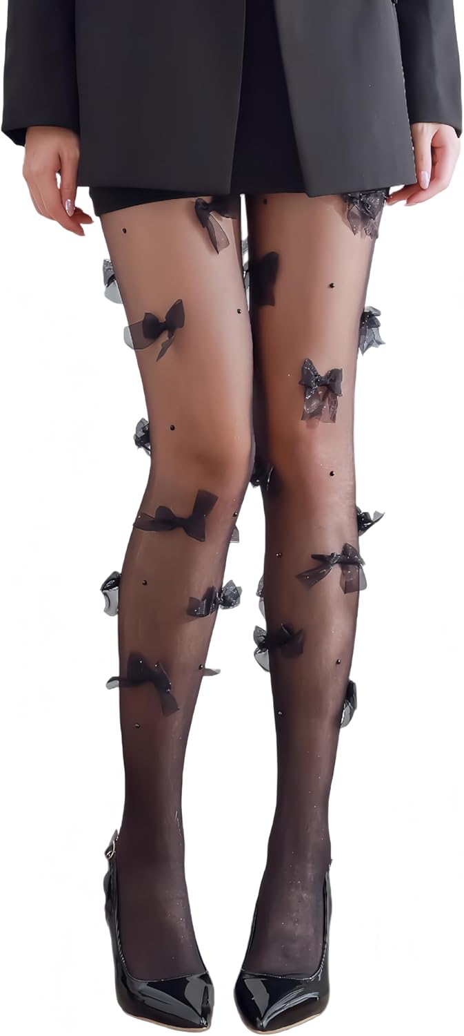 Sahabowi Women's Chiffon Bows Pom Colorful Tights, Cuty Pink Blue Pantyhose with High Waistband Elastic Soft