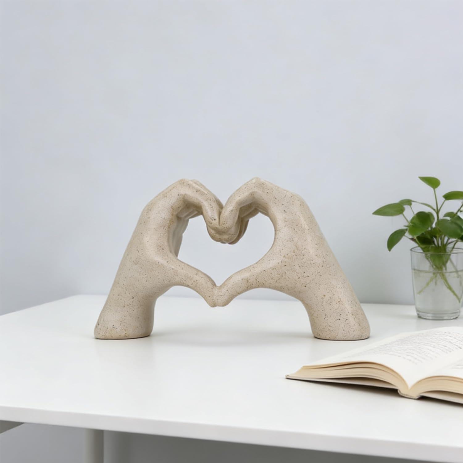 Heart Hand Sculpture Home Decor Love Heart Gesture Figurine Aesthetics for Room Shelf Coffee Table Dining Table Centerpiece Birthday Gifts and Memorial Gifts for Women Girlfriend Girls Mom (Sandstone)