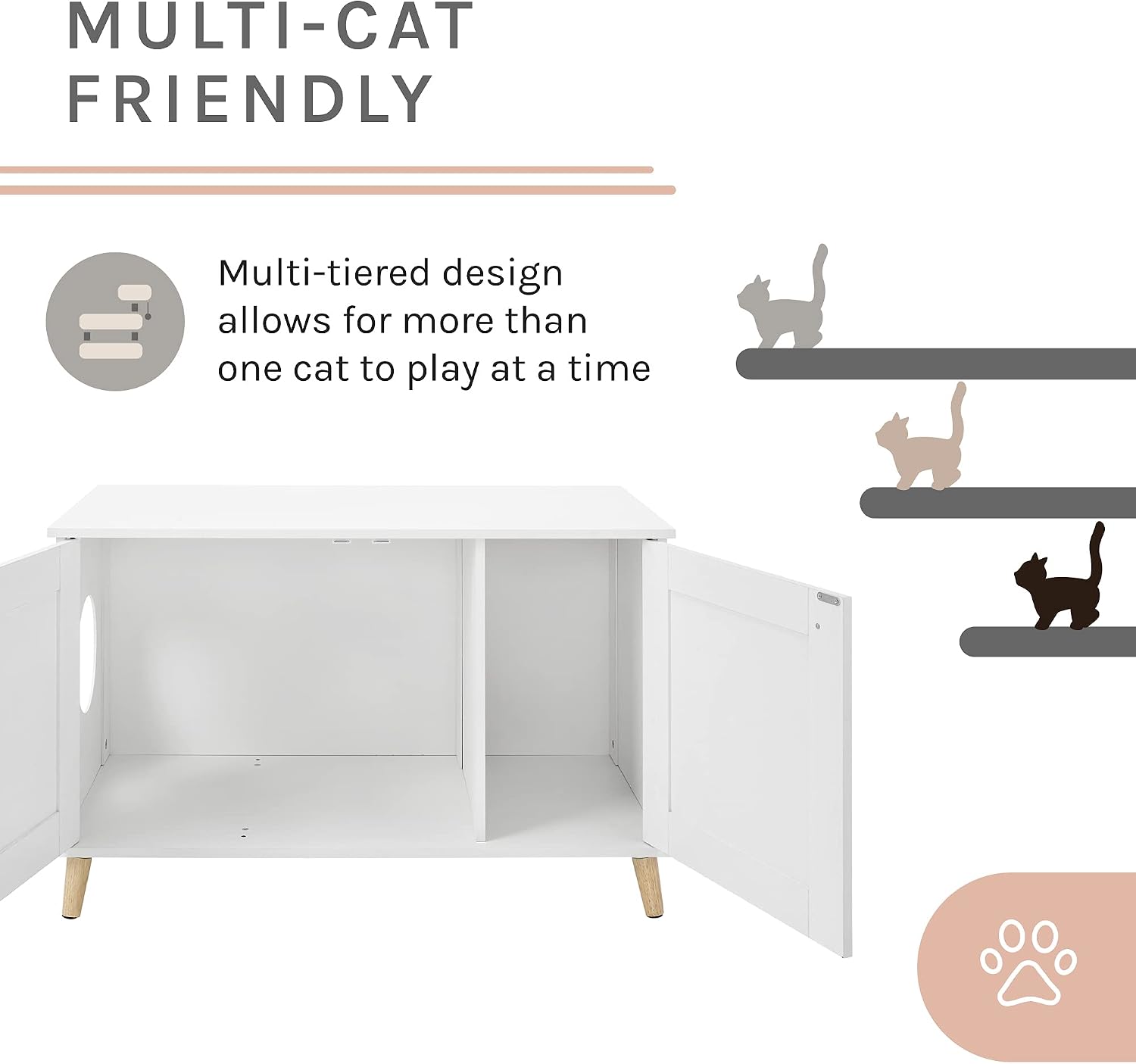 Sam's Pets Becky 24.5" Litter Box Enclosure, White - Cat Tree, End Table, Soft Cushion, Elevated with Wooden Legs, Multi-Tiered, Hidden Litter Box, Mat Included