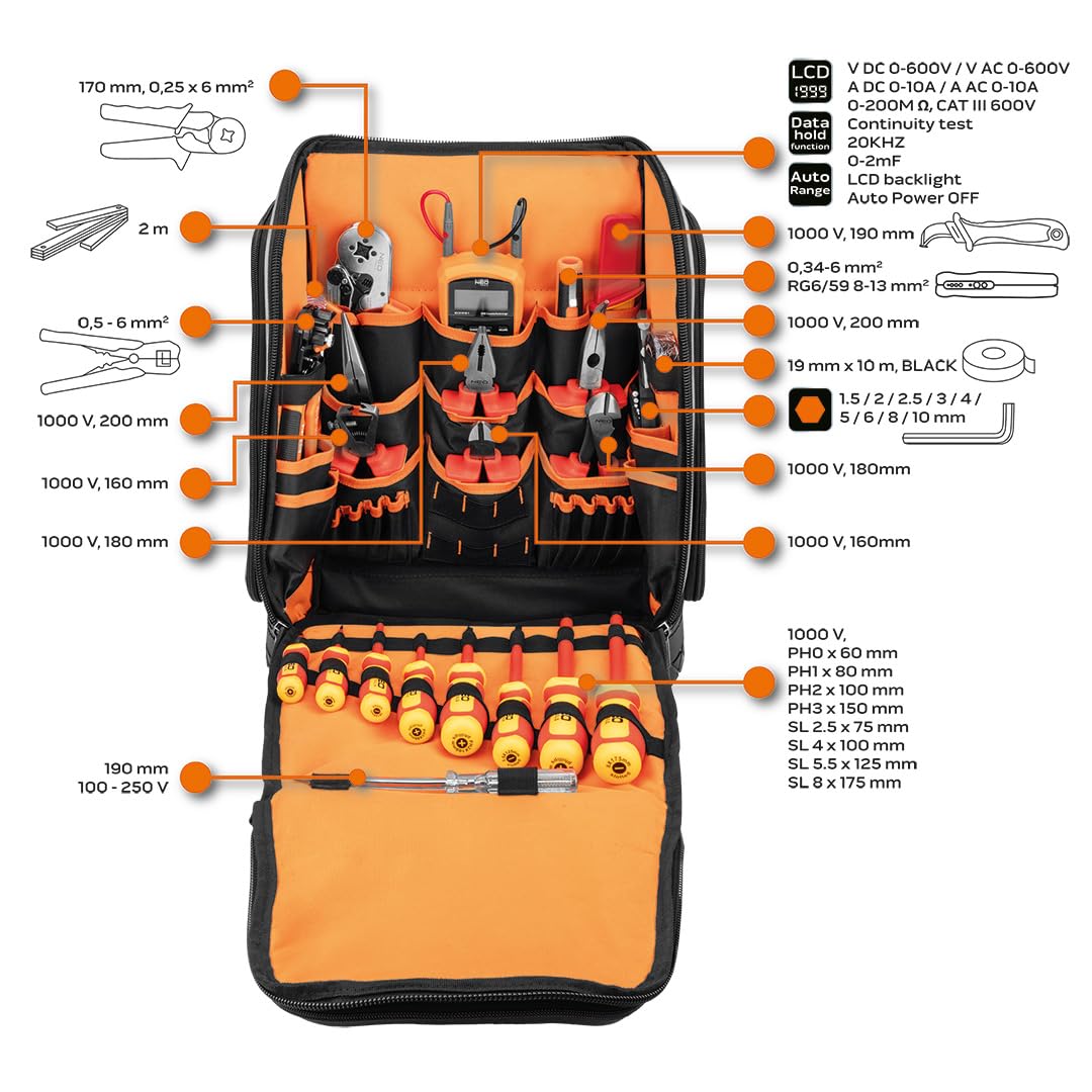 NEO TOOLS Zaino per attrezzi elettricisti, 31 pezzi, con attrezzi per un elettricista, 26 tasche, set di attrezzi per elettricisti mobili e durevoli, set di attrezzi elettrici in uno zaino