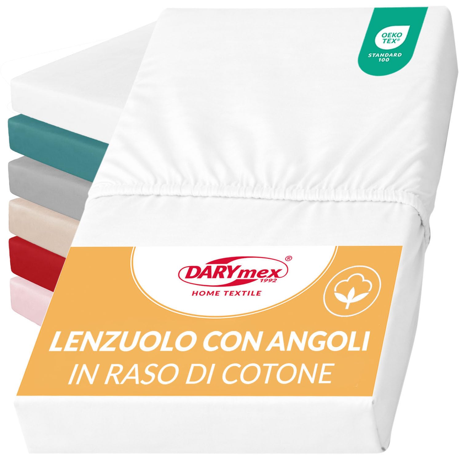 Lenzuolo con Angoli - 90 x 200 cm - Lenzuolo Elasticizzato in Raso di Cotone - Liscio - Lucido - per Materassi fino a 20 cm - Bianco