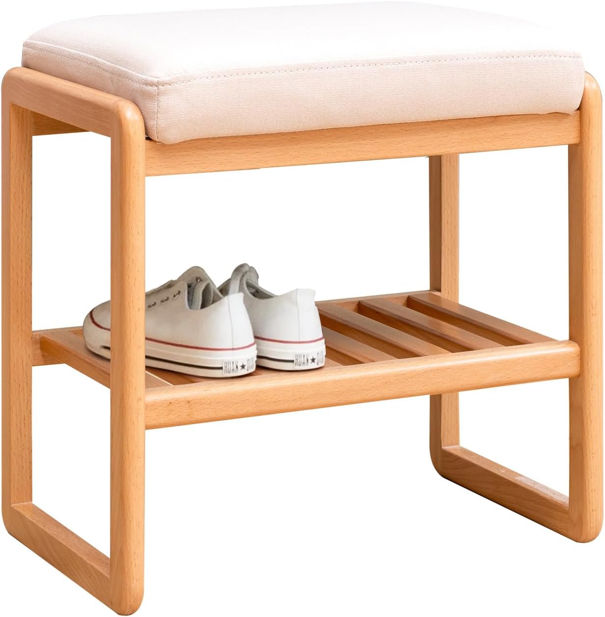 LLS Shoe Bench, Natural Beech Wood Entryway Bench with High Rebound Sponge Cushion and 2 Tier Storage, Make-up Stool Bed Bench for Entryway Hallway Living Room,Dining Room, Bedroom, Nature