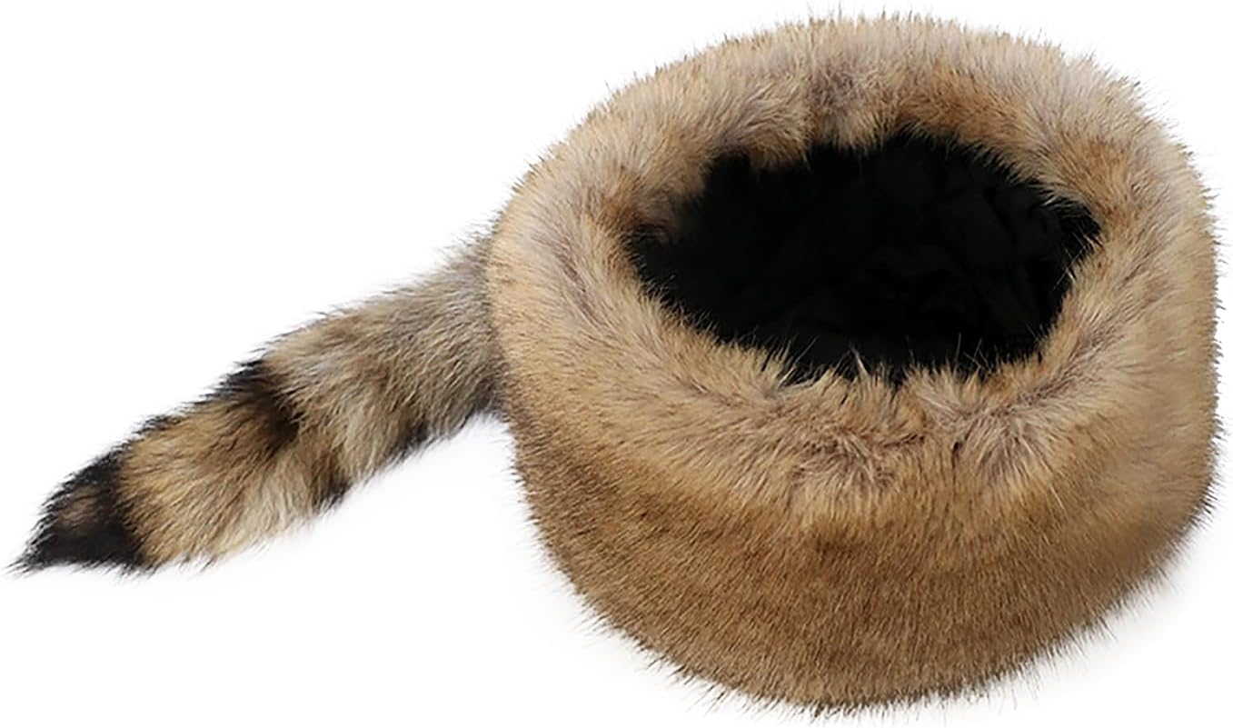 Women's Russian Cossack Hat with Raccoon Tail Furry Trapper Hat Plush Warm Winter Hats for Hunting Faux Fur Ski Cap