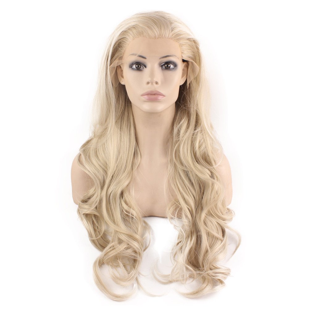 MX angel Long Wavy Celebrity Natural Hairline Ash Blond Synthetic Lace Front Wig