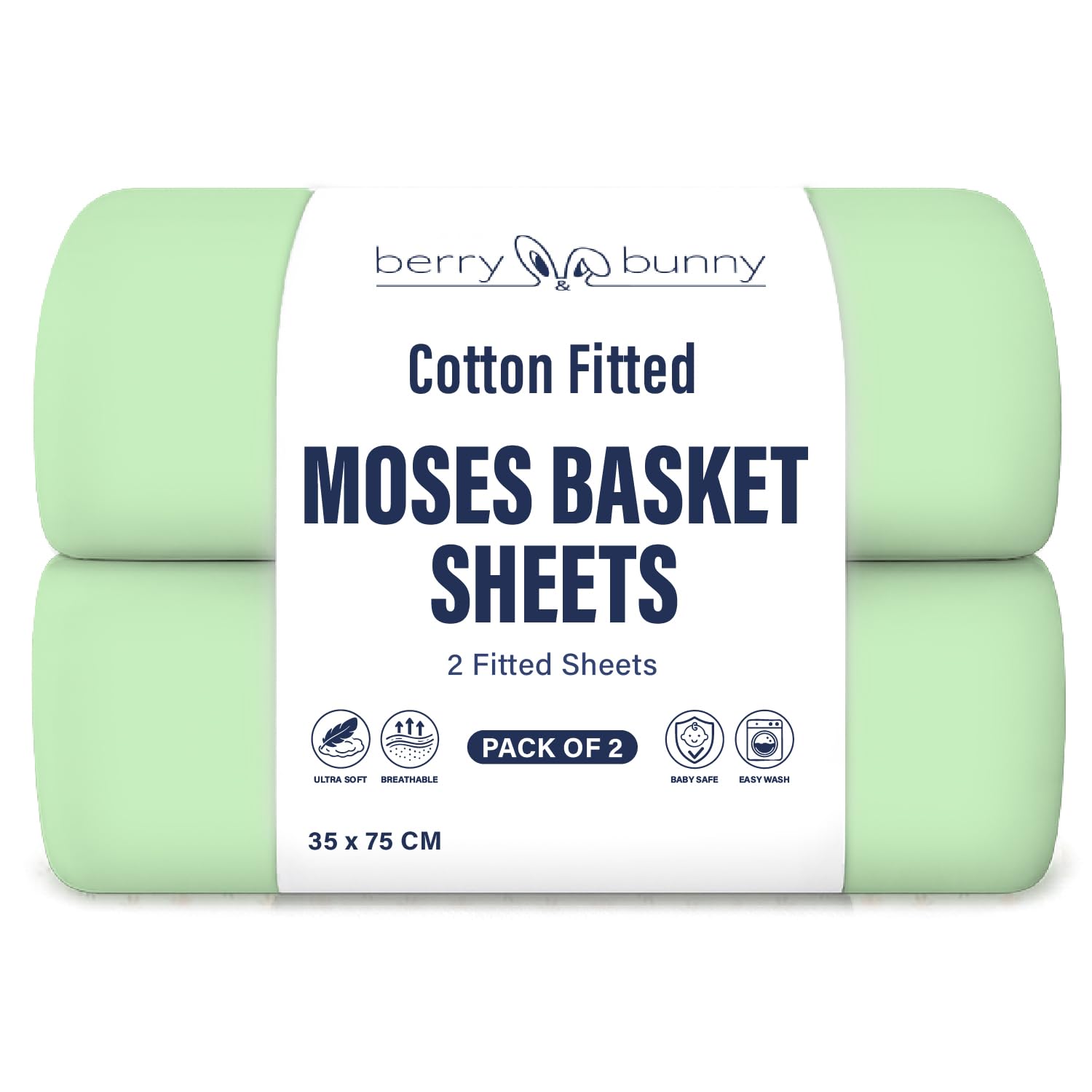 Berry and Bunny 100% Cotton Moses Basket Sheets Pack of 2, Soft Breathable Elasticated Baby Fitted Sheets, 35 x 75 cm, Deep Fit Mattress protector, Baby Bedding All Seasons