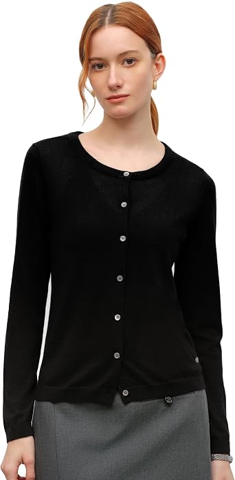 KVSS Womens Crew Neck Cardigan, Long Sleeve Button Front, 30% Silk 70% Cashmere, Fine Knit Luxury Sweater