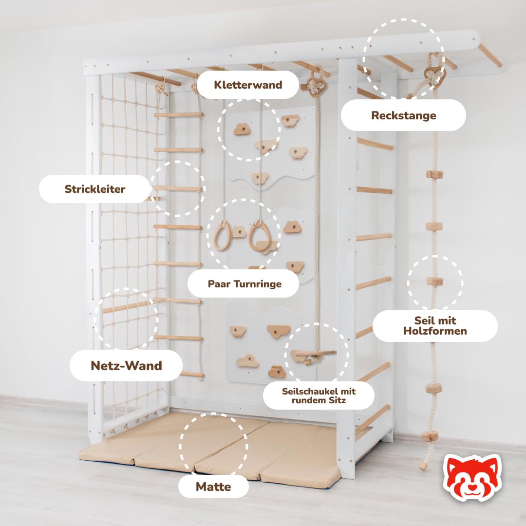 Wood And Hearts sprossenwand, kletterwand kinderzimmer, turnringe, sprossenwand kinderzimmer, Indoor Spielplatz, kletterwand, strickleiter, turnringe Holz, spielturm (3 Platten Weiß+Naturholz)