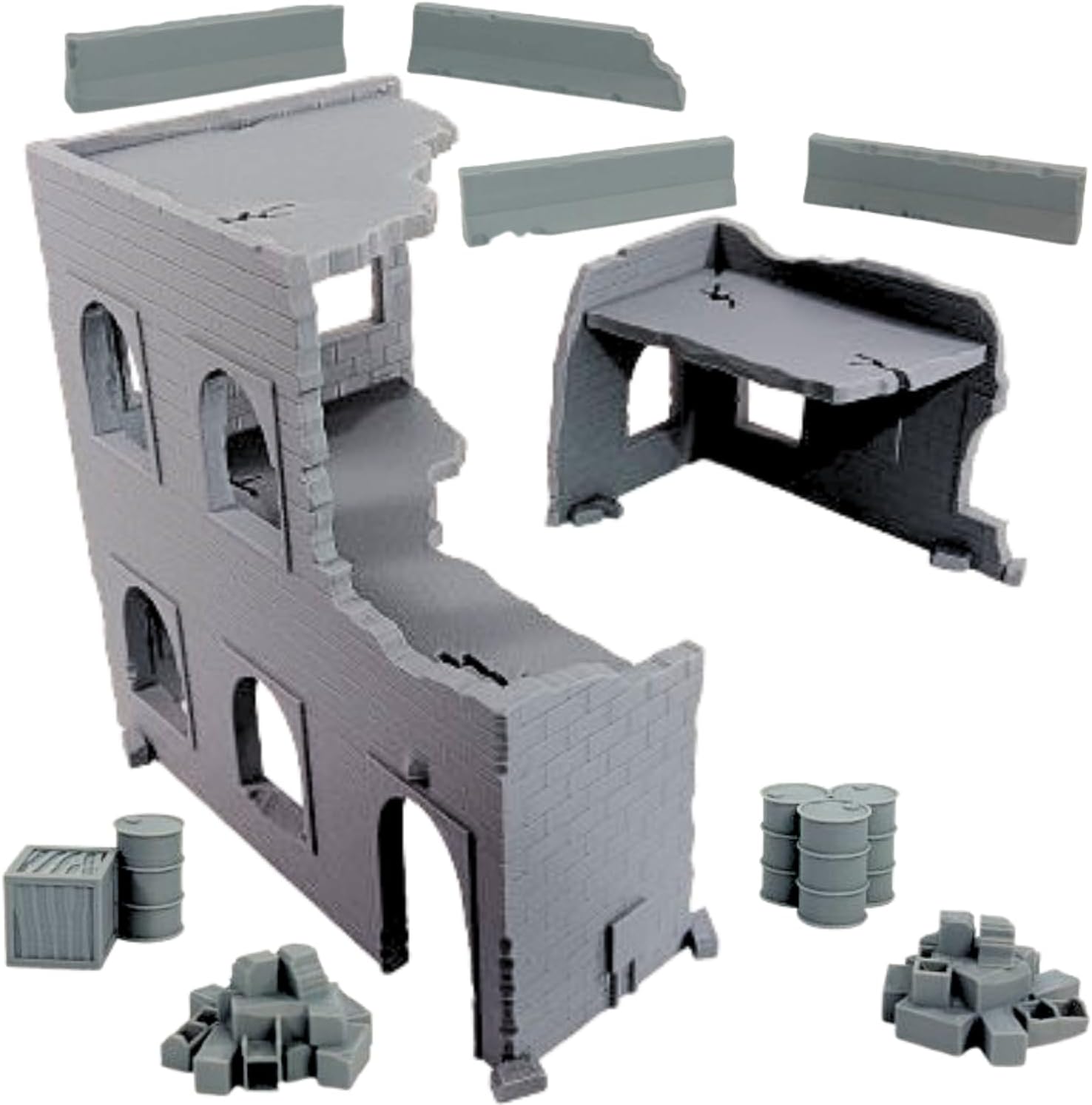 Tabletop Terrain Two-Story Building Ruins 10 Piece Set Plus 1 Bonus Piece with 2 Building Ruins, 4 Jersey Barricades, 2 Block/Brick Piles, 1 Three Oil Drums Cluster, and 1 Oil Barrel with Wooden Crate