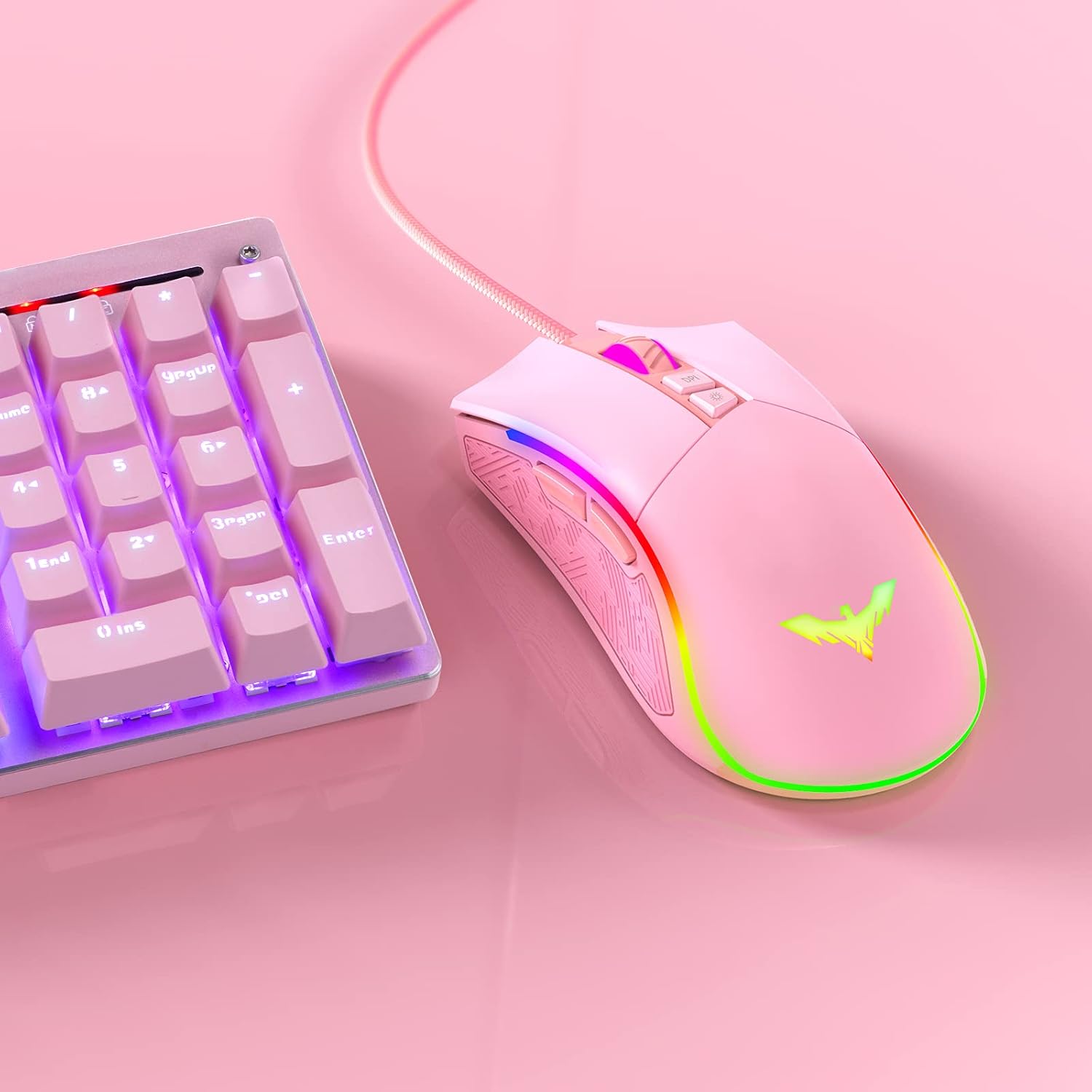 havit RGB Gaming Mouse Wired Programmable Ergonomic USB Mice 4800 Dots Per Inch 7 Buttons & 7 Color Backlit for Laptop PC Gamer Computer Desktop (Pink)