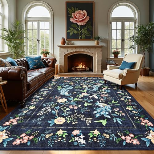 GarveeHome Area Rugs 8x10 for Living Room, Navy Blue Large Washable Rug Soft Non Slip Backing Floor Mat Carpet Indoor Floral Peacock Accent Rug for Bedroom Dining Room Playroom Nursery Home Decor