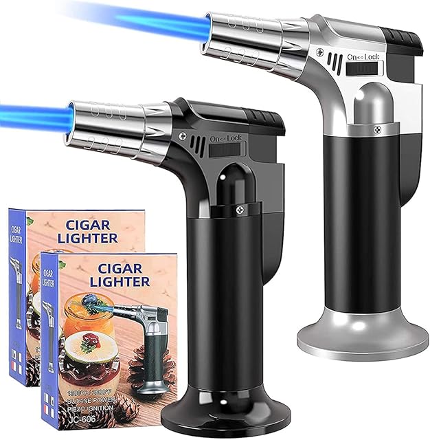 DBZQSCW 2 Pack Blow Torch Lighter Refillable Butane Torch with Safety Lock Adjustable Flame Blowtorch Gas Lighter Culinary Kitchen Cooking Torch Butane Gas is Not Included(Silver/Black)