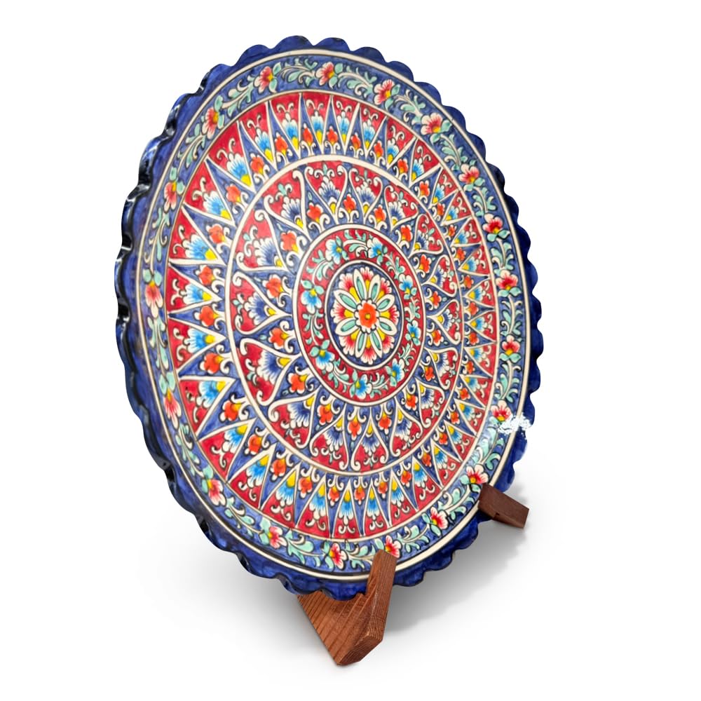 Orientalischer Lagan 37 cm Teller KaraKalam Ляган - Handgefertigte Rischtan Keramik Platte – Usbekische Servierplatte handbemalt – Edles Design für Plov & Beilagen