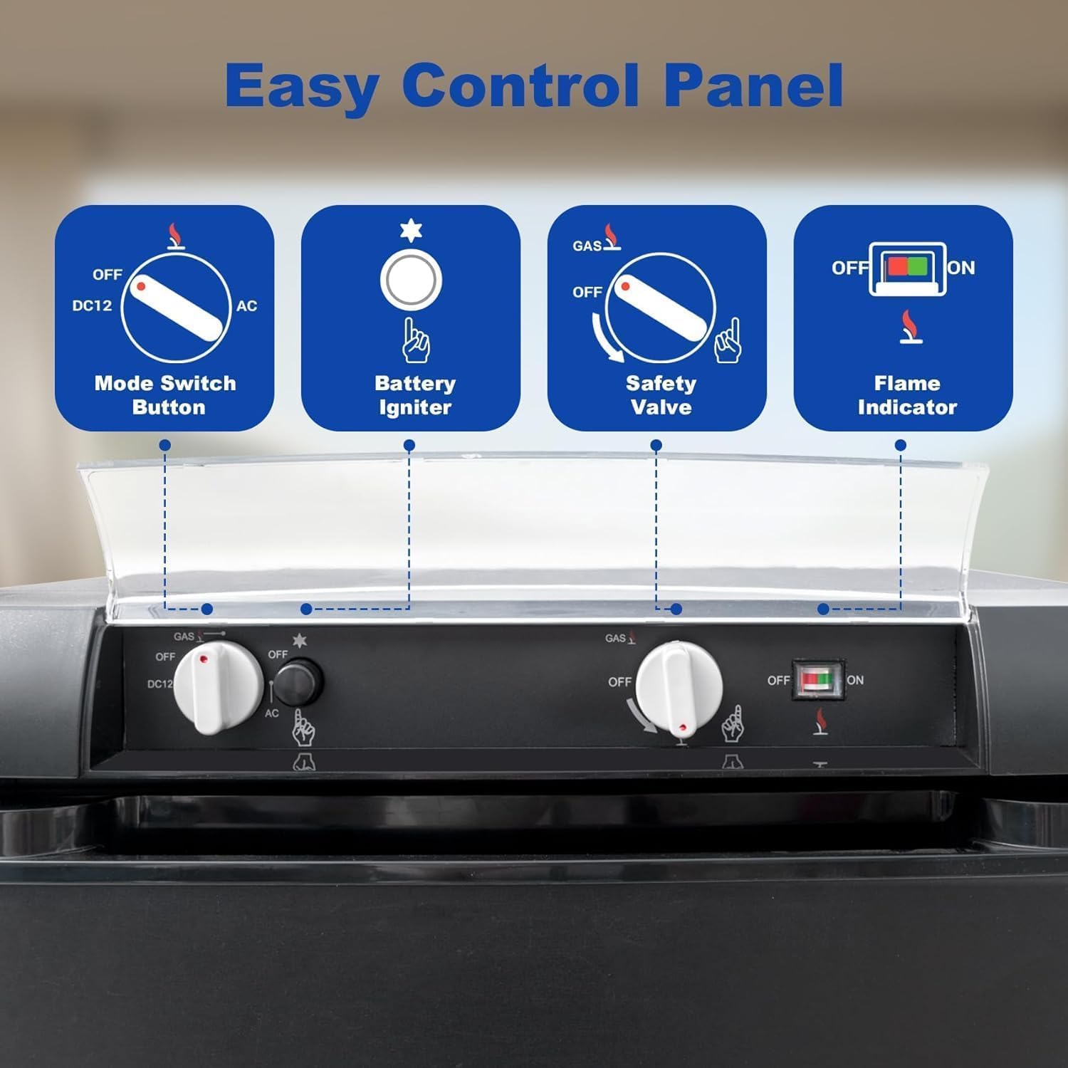 Close-up of the SMETA 3-Way Refrigerator control panel with mode switch, battery igniter, safety valve, and flame indicator
