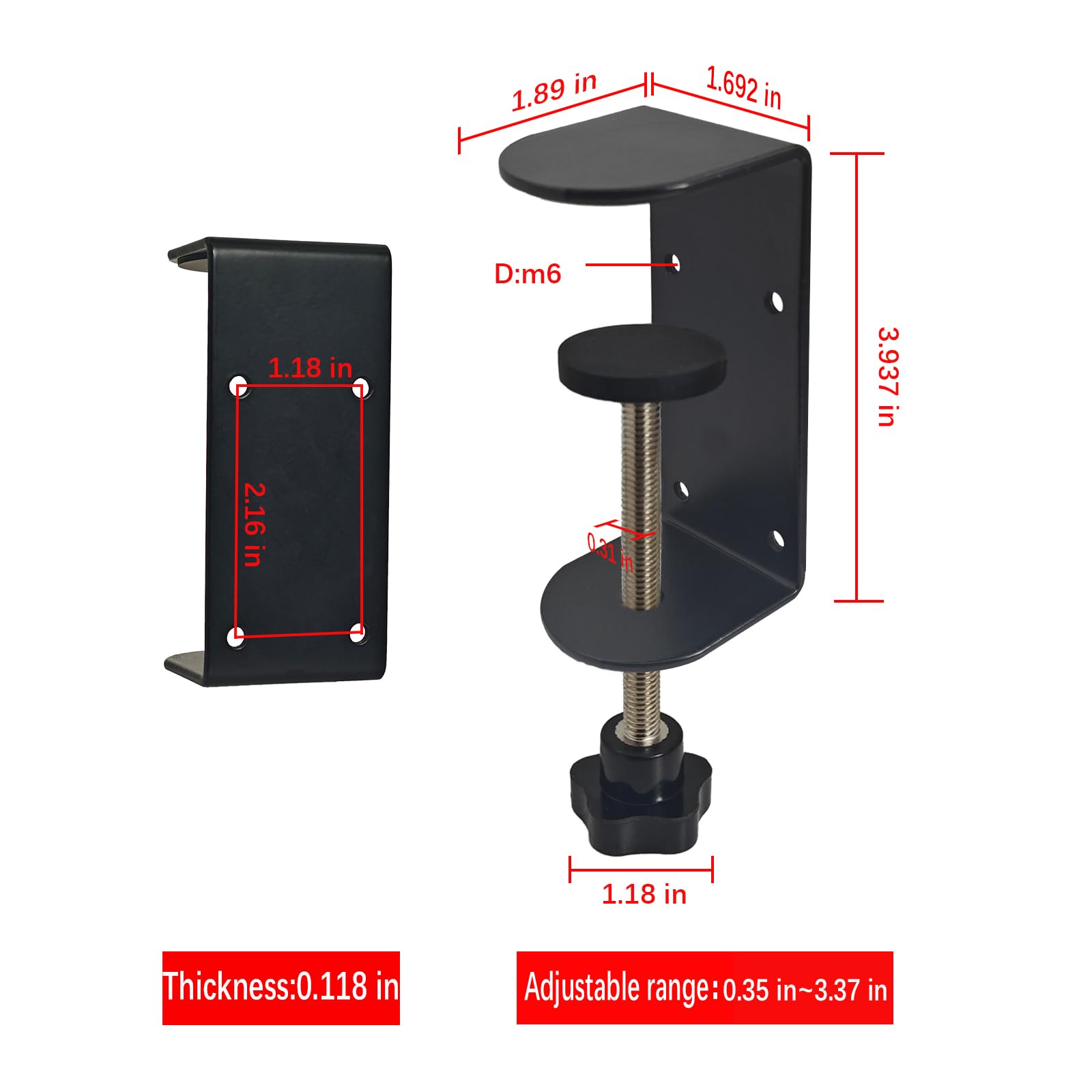 Jhanw 3 inch C-Clamp with Four Small Holes in The Back, 2-Pack Adjustable Desk C Clamps for Range 0.35"~3.37" - Image 2