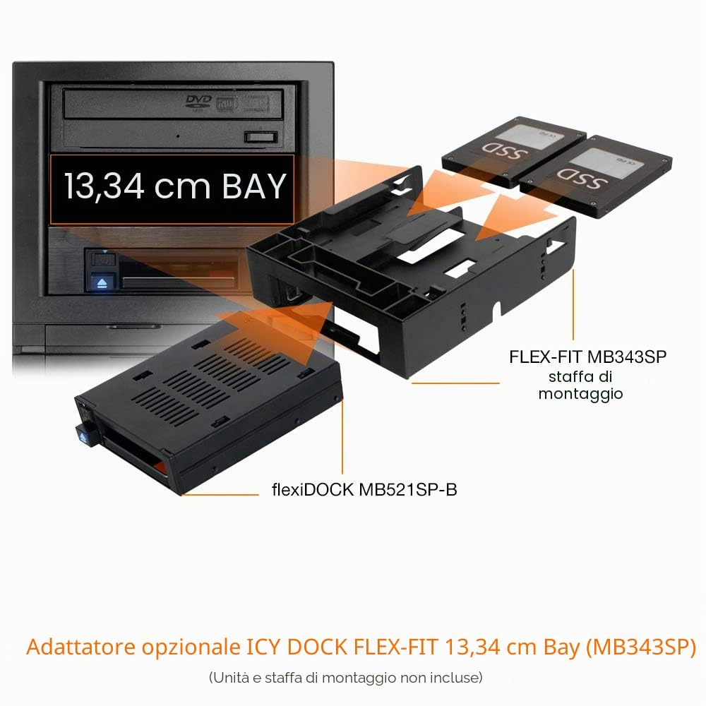 flexiDOCK MB521SP-B 2.5” SSD Dock Trayless Hot-Swap SATA Mobile Rack for Ext 3.5” Bay