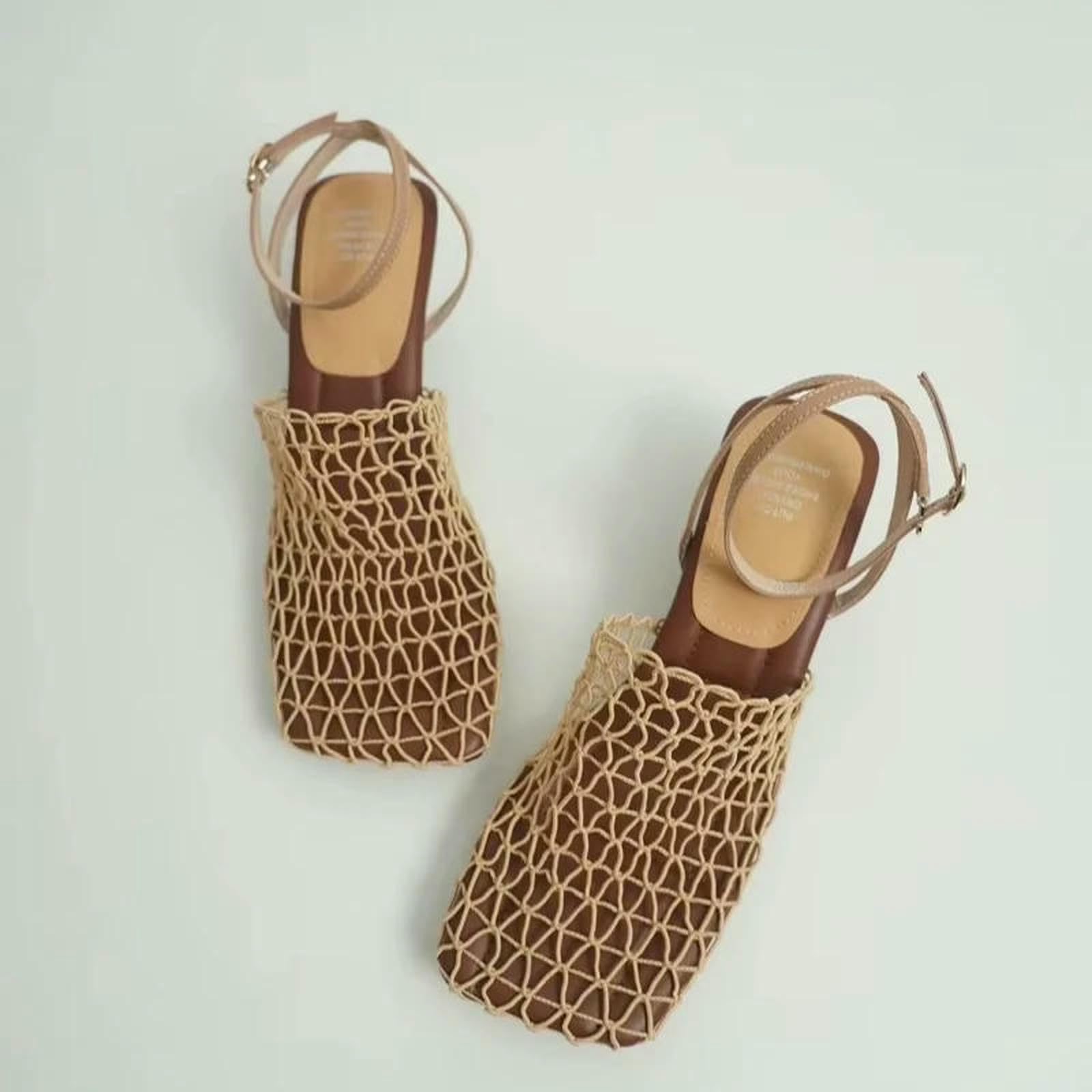 Sandały dla kobiet Letni Projektant Damskie Koronkowe Siatki Plac Toe Shallow Wąski Pasek Braided Slip-On Wysokie Obcasy Sandały-Ariot-40