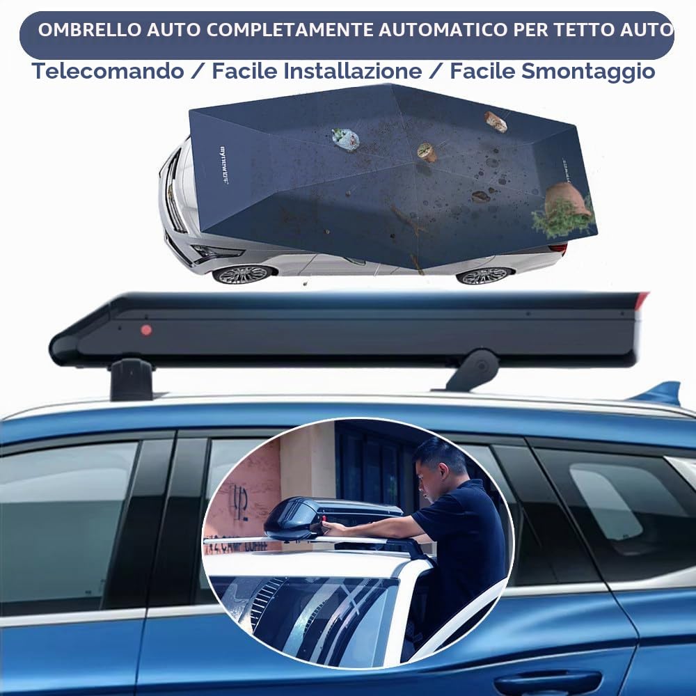 Ombrello per Auto automatica con barre sul tetto/scatola portaoggetti/batteria rimovibile, telecomando, tenda da auto tetto con protezione UV, telo antigrandine per auto, 3800*2800MM,Grey