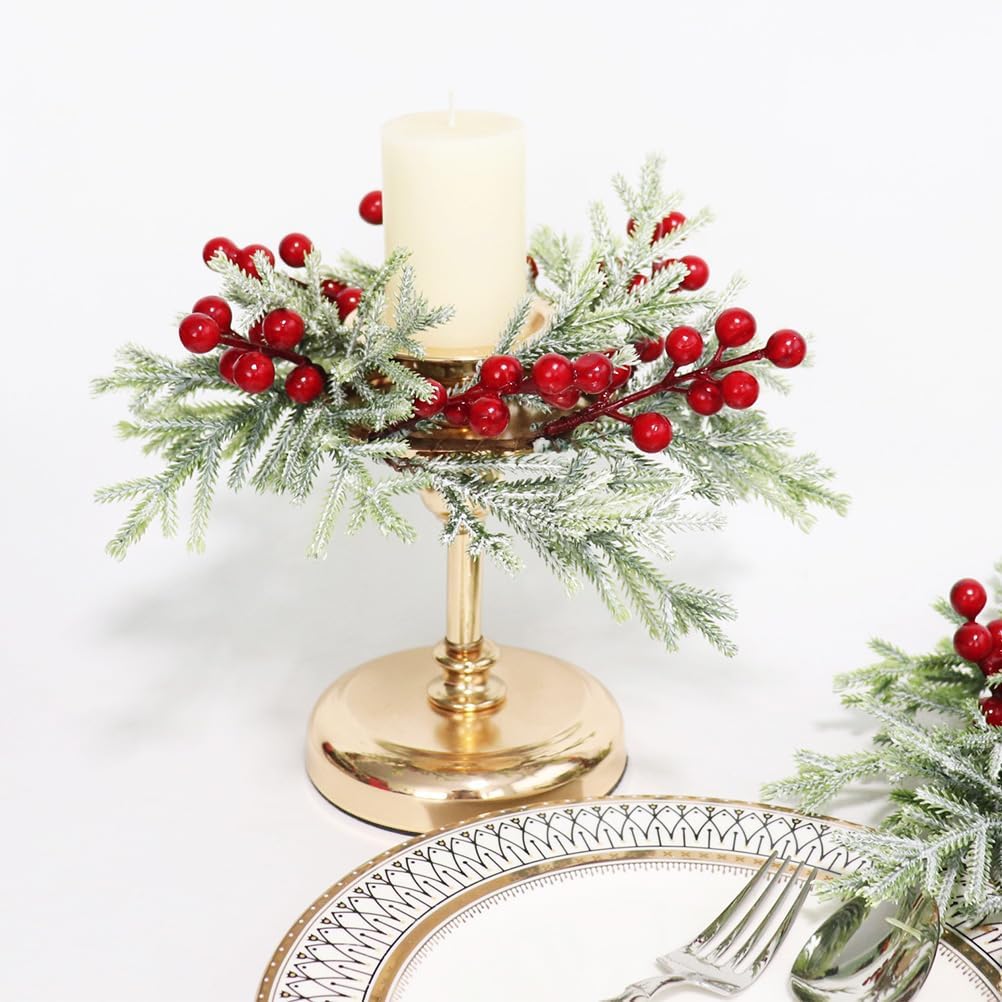 2pcs Small Christmas Wreath Candle Rings Artificial Cedar Cypress Wreaths with Red Berries, Candle Holders for Holiday Table Centerpiece Decor (Candle Rings 03)