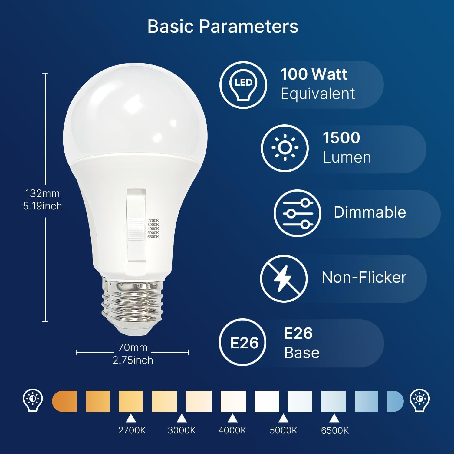 FLSNT A21 Dimmable LED Light Bulb, 15W (100W Equivalent), 5 Color Temperature Selectable (2700K-6500K), 1500 Lumens, CRI90, 5CCT, Indoor and Outdoor, Perfect for Lamps and Home Lighting（4 Pack）