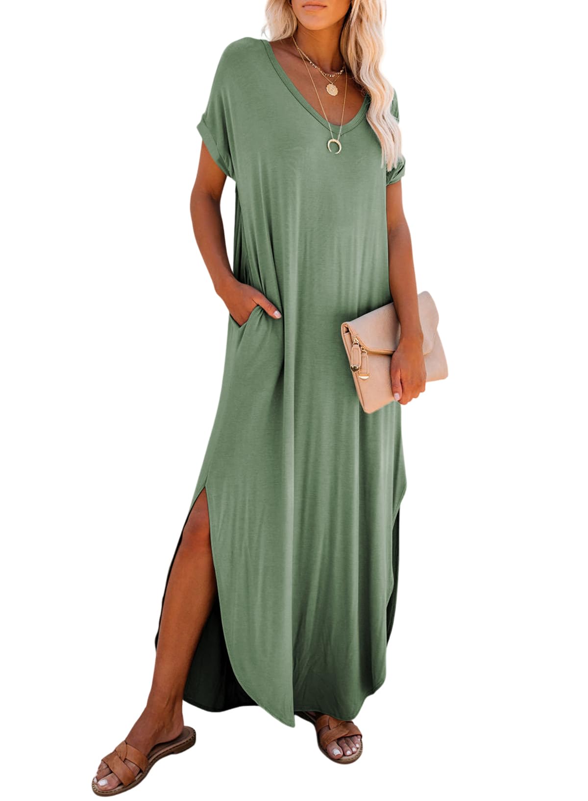 Dokotoo Womens Summer Dresses Short Sleeve Long Shirt Dress Split Maxi Dress