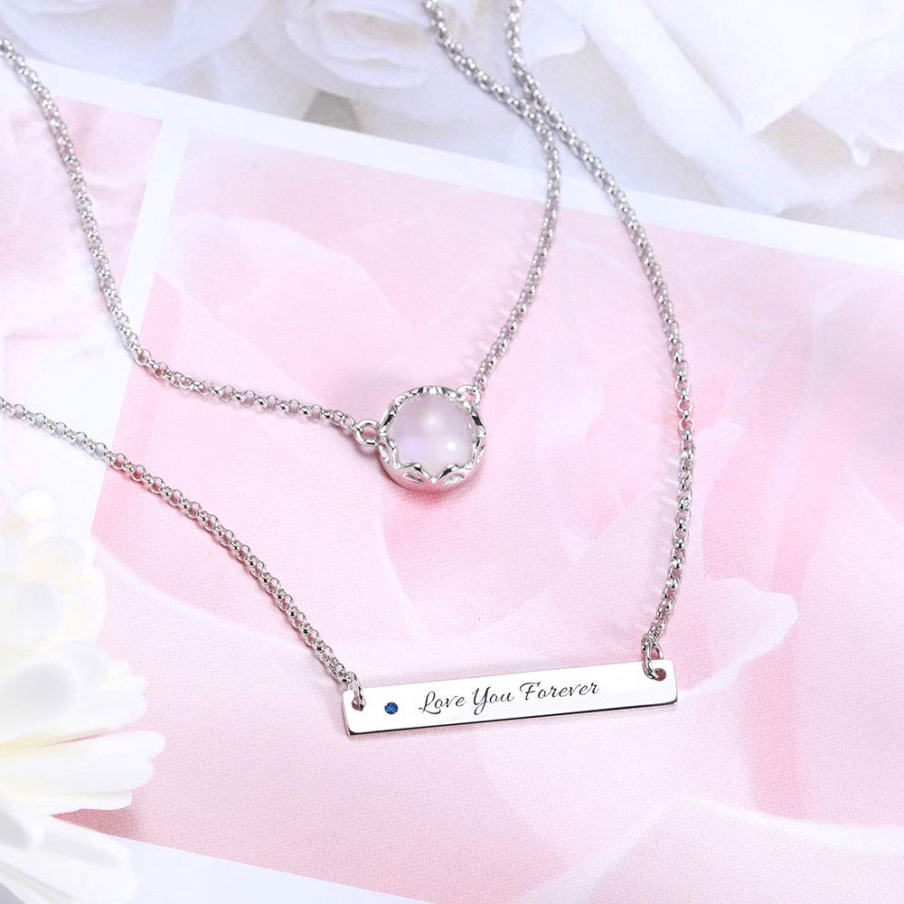 Collar de barra minimalista de doble capa con piedra lunar, chapado en platino/oro/oro rosa, plata de ley 925 para mujer