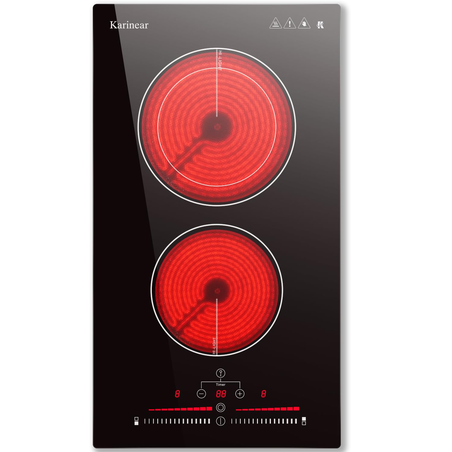 Piano cottura elettrico in ceramica a 2 fuochi, 30,5 cm, 3200 W, filo rigido 220-240 V, timer 99 minuti, blocco di sicurezza per bambini, superficie in vetro liscio