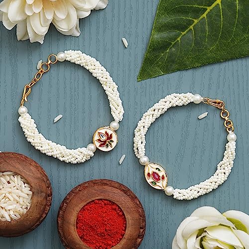 Image of eCraftIndia Floral Kundan Beads Designer Rakhis for Brother and Bhabhi | Bhaiya Bhabhi Rakhi