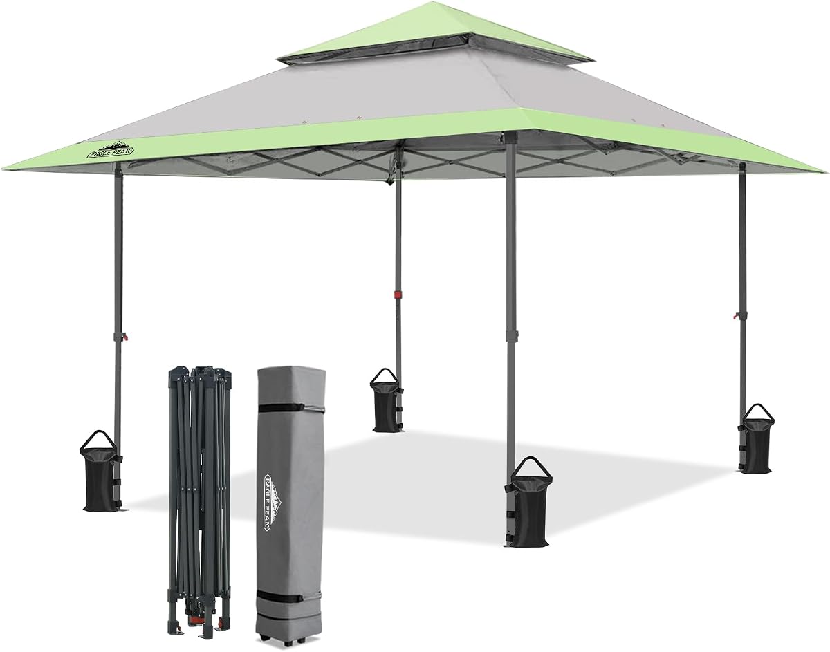 EAGLE PEAK 13x13 Pop Up Canopy Tent, Auto Extended Eaves, Gray | Easy Setup, Heavy Duty Outdoor Canopy Tent, Pop Up Gazebo for Backyard, Patio, Camping & Parties, Wheeled Carry Bag, UPF 50+