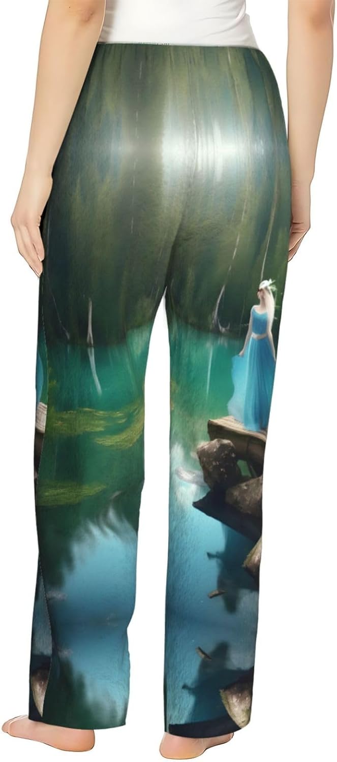Lake Fairy Print Cozy Flannel Pajama Pants For Women,Warm Christmas Pj Pants,Cute Fleece Pajamas
