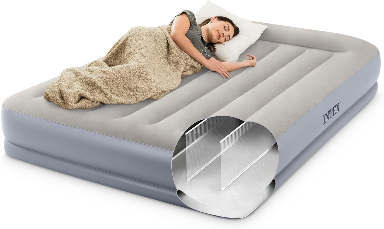 Intex: Pillow Rest Airbed - Queen - 12" Inflatable Air Mattress, Built-in Pump & Pillow, Mid-Rise, Fiber-Tech, Velvety Surface, 600lb Cap, 64117ED