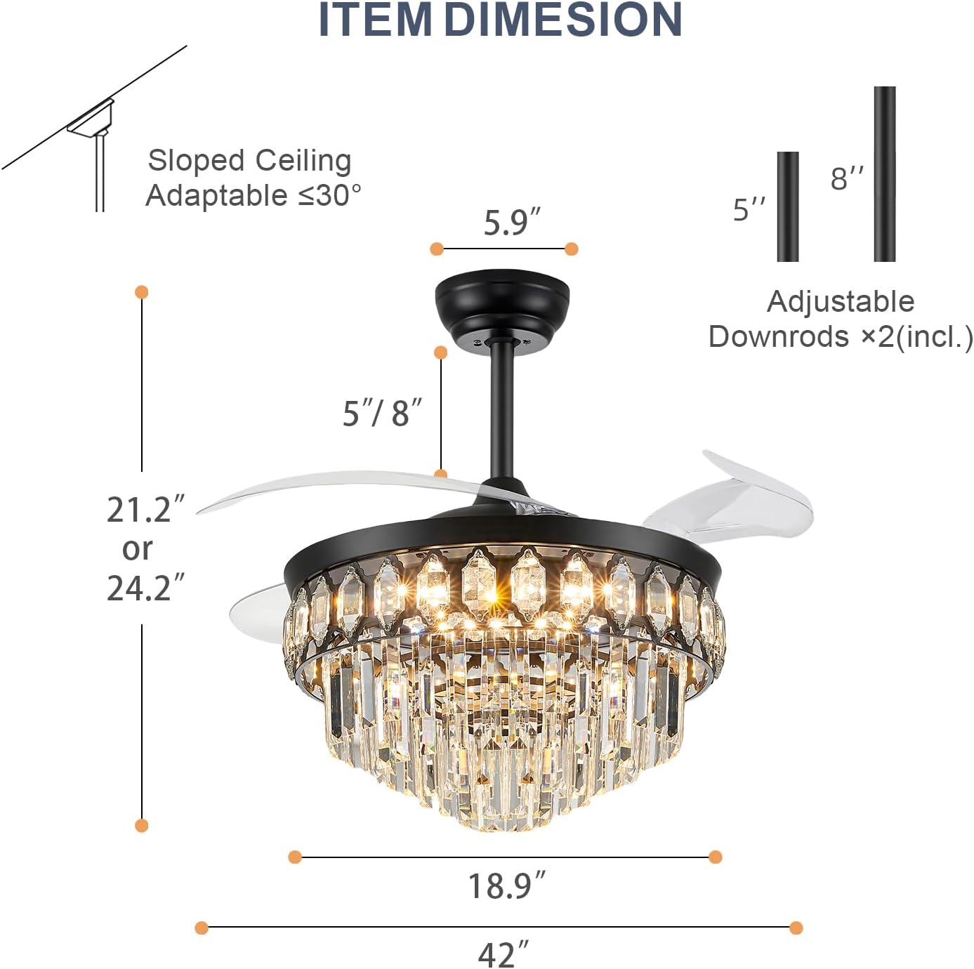 FIDGRA 42 Inch Fandelier Ceiling Fan with Light, Retractable Ceiling Fan with Lights Chandelier Fan for Bedroom, Living Room, 3 Color Temperature, 6 Wind Speed-Black