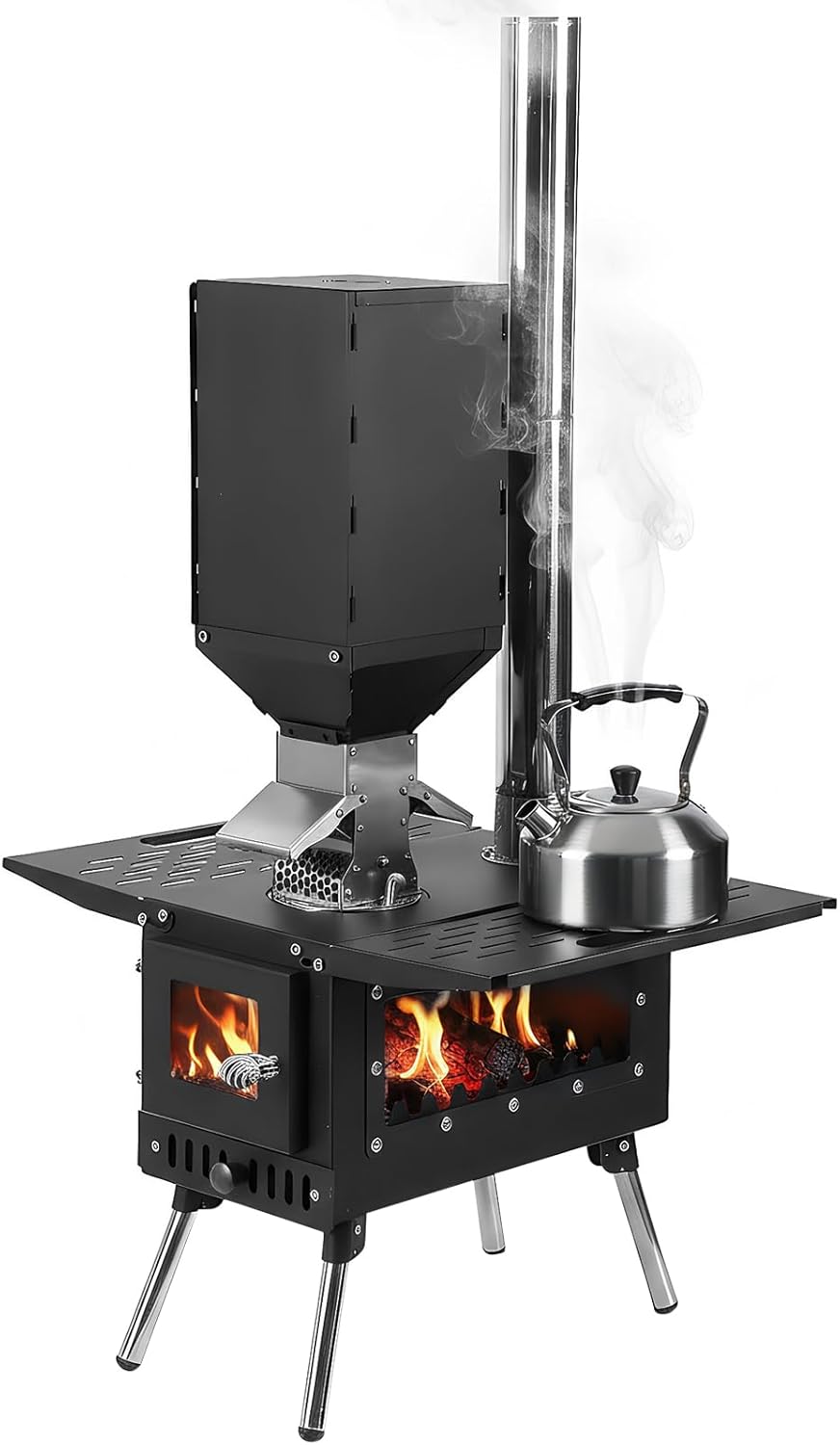 Generic Portable Wood Burning Stove with Stainless Steel Construction Wood Burning Tent Stove Chimney Pipes Included for Outdoor Heating & Cooking Ice Fishing