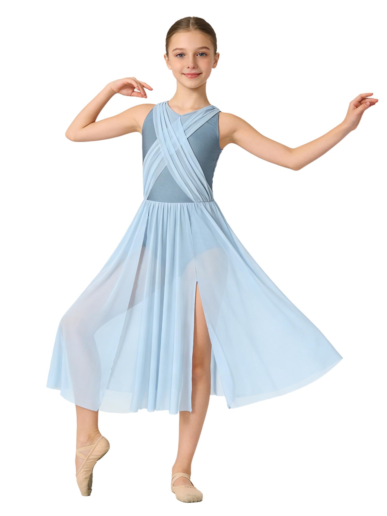 Girls Lyrical Dance Costume, Sleeveless Leotard &amp; Flowy Tulle Dress