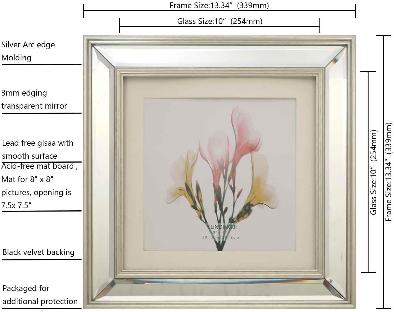 10x10 Mat 8x8 Beveled Clear Mirror Silver Arc edge Photo Frame-Organic Glass Black Velvet Back Panel for Family,Wedding,Festival,Art,Wall,Tabletop,Decoration and Display.