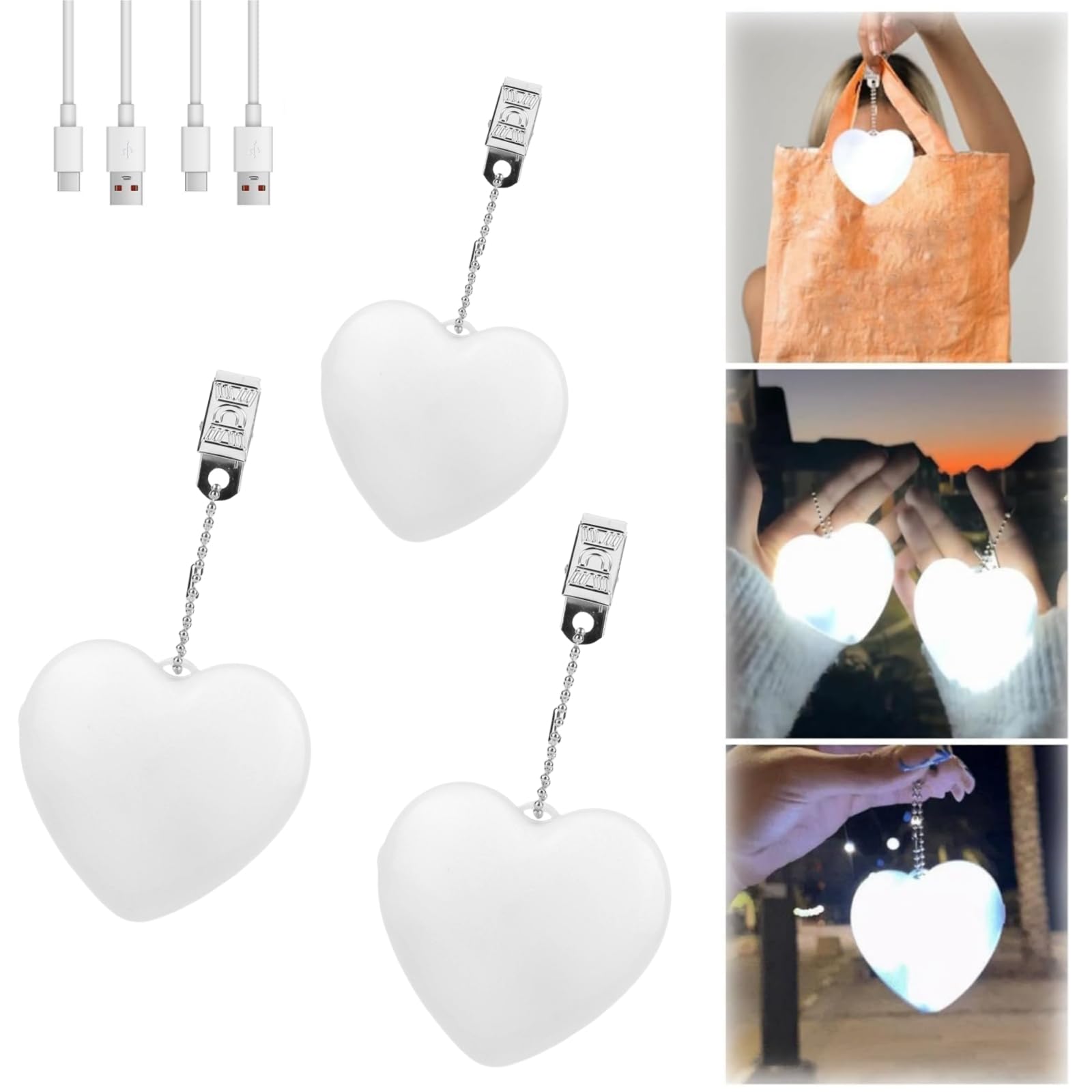 VIMAZ 3Pcs Rechargeable Purse Light Handbag Light,Bag Lights for Handbag,Touch Activated Purse LED Lamp Heart Lights,Heart Shape Hanging Night Lights for Women Ladies Girls