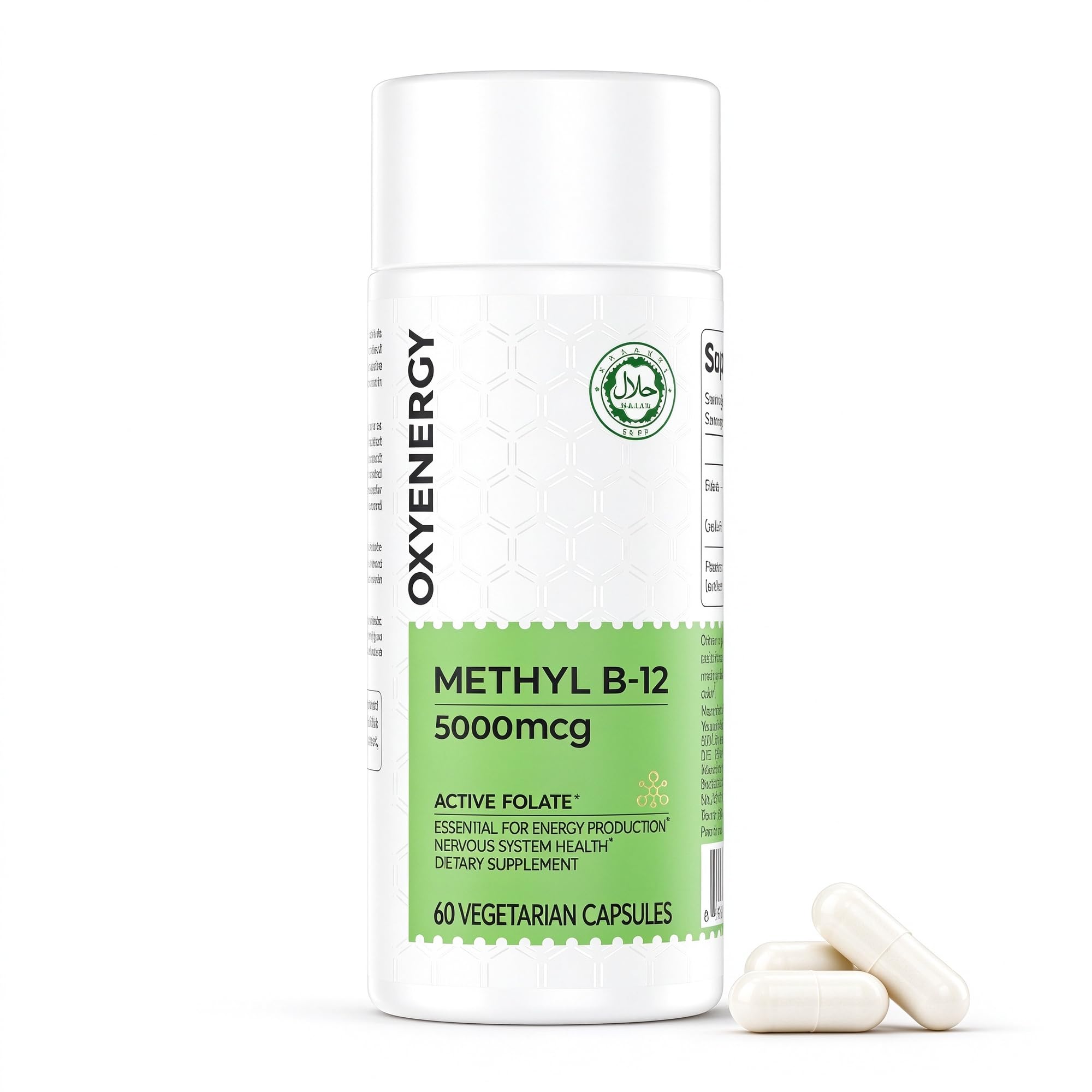 OxyEnergy Methyl Vitamin B12 5000mcg, Extra Strength Methylcobalamin B-12 Supplements with Folate, Support Nerves, Energy Metabolism & Cognitive,60 Capsules