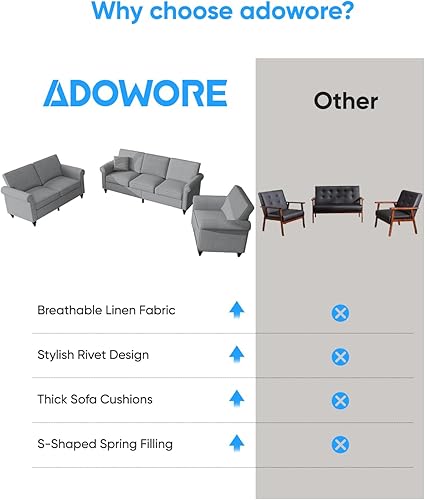 Miniatura 7 de Juego de sofás de 3 piezas, moderno sofá de 3 plazas y sofá biplaza y sillón, tela de lino de 3 asientos + sofá de 2 asientos+ juegos de muebles de