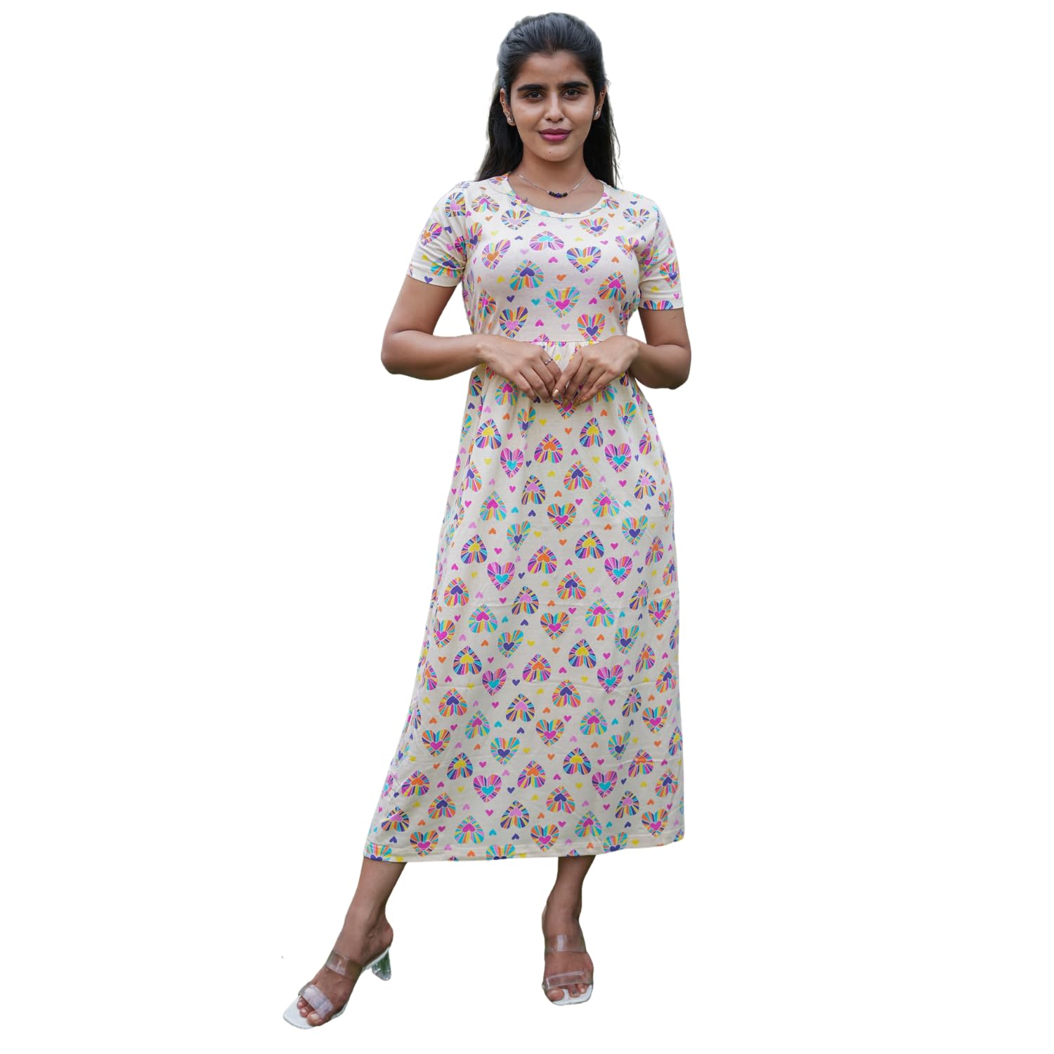 Yazh Clothing Maternity Dress for Women Soft Feel Adjustable Back Rope Pregnancy Wear with Pockets | Relax Fit Casual Lounge Dress - Half White Heart - L-image-11