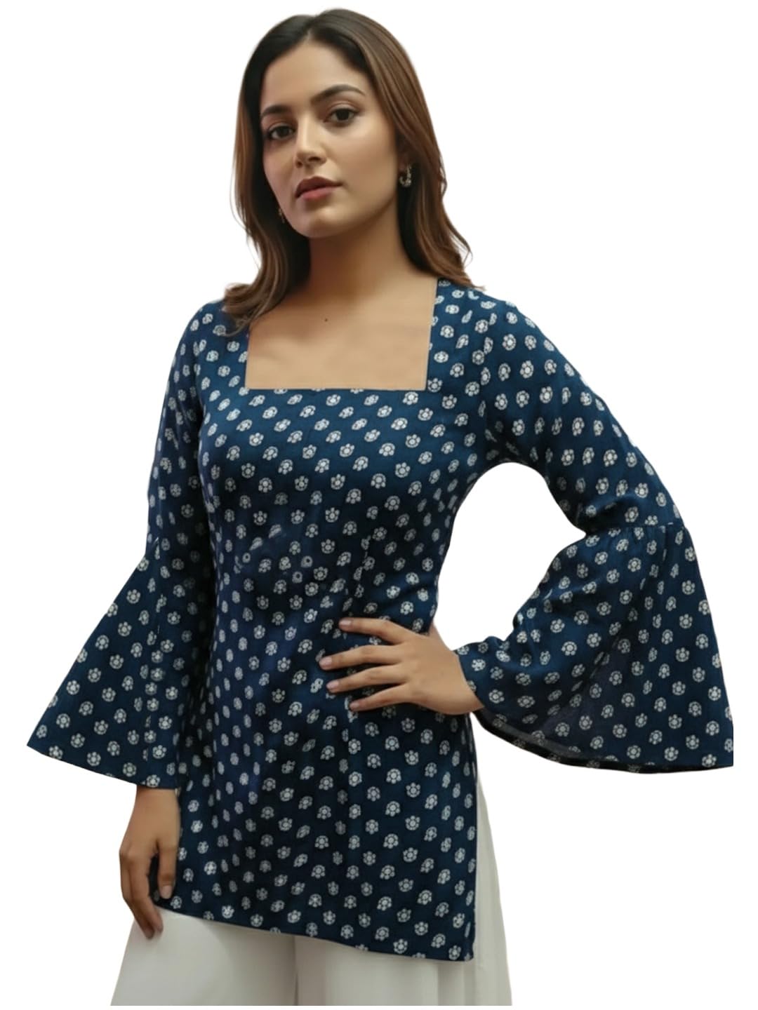 GoSriKi Womenâ€™s Viscose Printed Short Kurti | Straight Fit Ethnic Top with Square Neck | Bell Sleeve Casual Indian Kurta for Office College, Party in multi