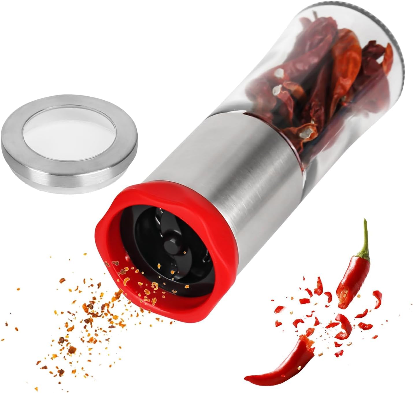 Chilimühle Aus Edelstahl & Glas – Manuell, Für Grobe Gewürze, 17,5 Cm Hoch