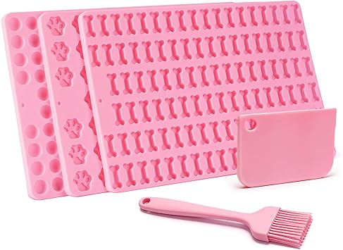 Set of 3 Silicone Baking Mats for Dog Biscuits - BPA Free, Non-Slip, with Bone, Paw & Round Shapes, Includes Dough Scraper & Pastry Brush for DIY Dog Treats