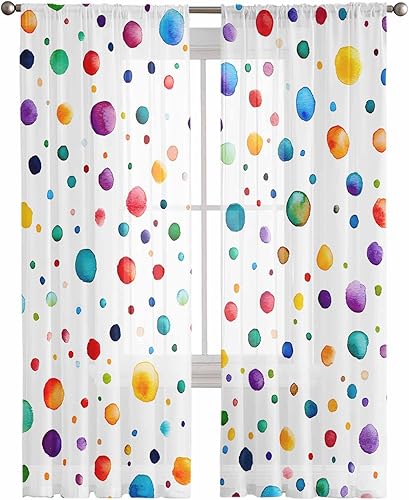 Juego de 2 paneles de cortinas transparentes de lunares coloridos de 63 pulgadas de largo, cortinas de gasa semitransparentes con bolsillo para