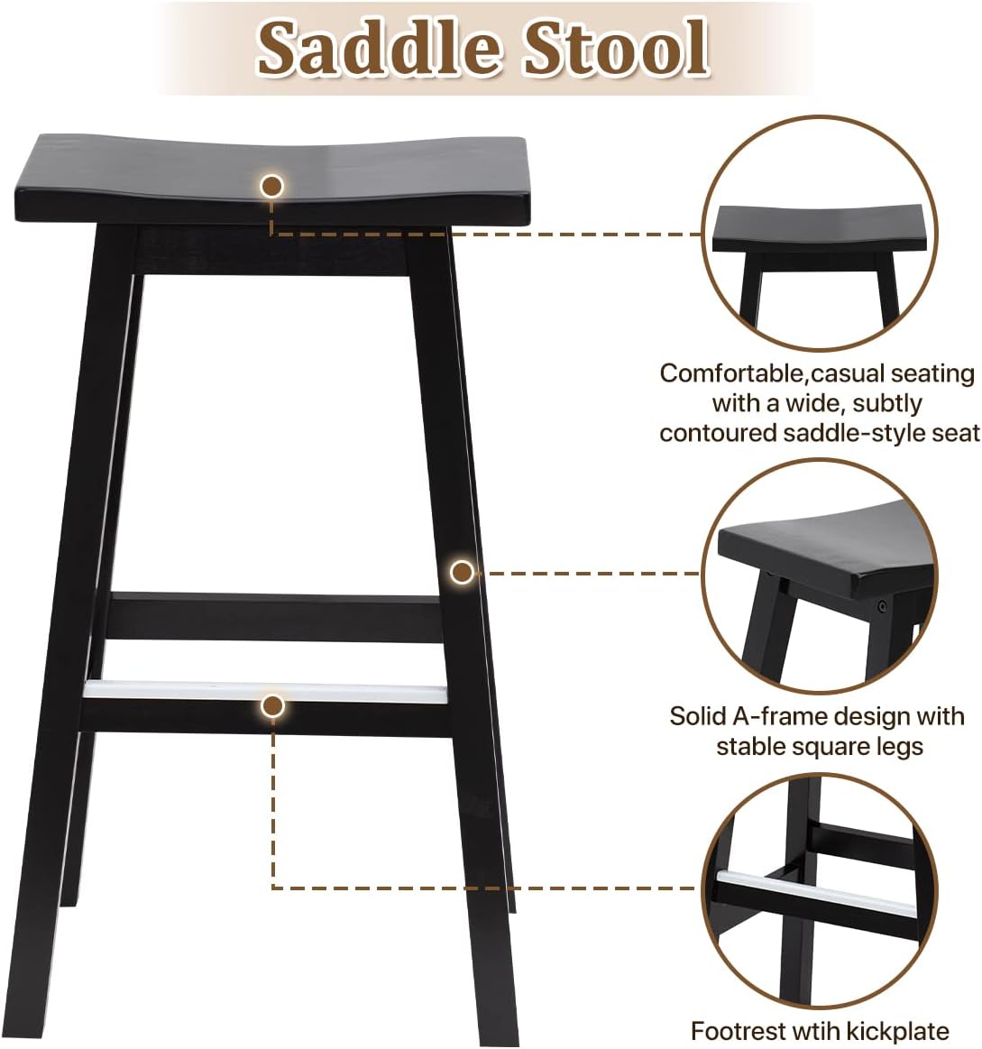 Bar Stools Set of 2, Solid Wooden Saddle Stool 30 Inch Modern Backless Kitchen Counter Height Barstools with Metal Foot Plates for Home Pub - Black