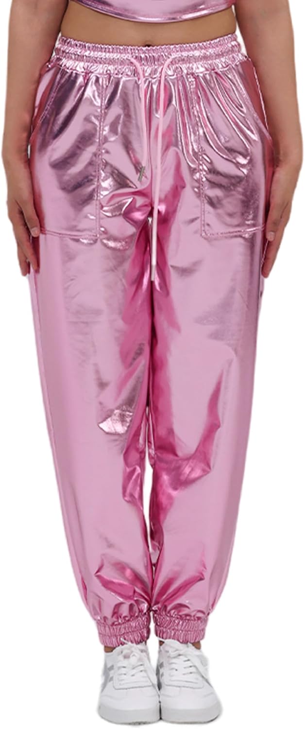 Womens Wide Leg Metallic Sparkle Pants Sexy Drawstring Cargo High Waist Jogger Hip Hop Dance Rave Joggers Trousers