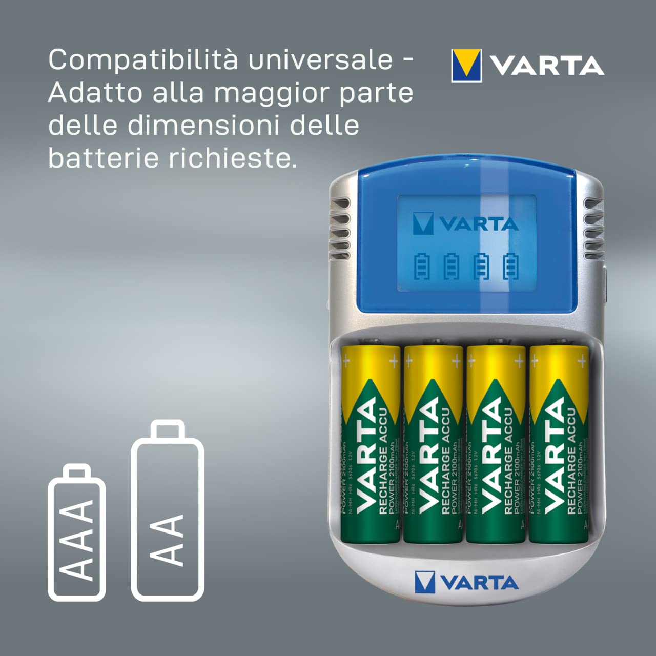 Varta Caricabatterie LCD per AA/AAA con 4 Batterie AA 2600 mAh, Adattatore 12V e Cavo USB Inclusi