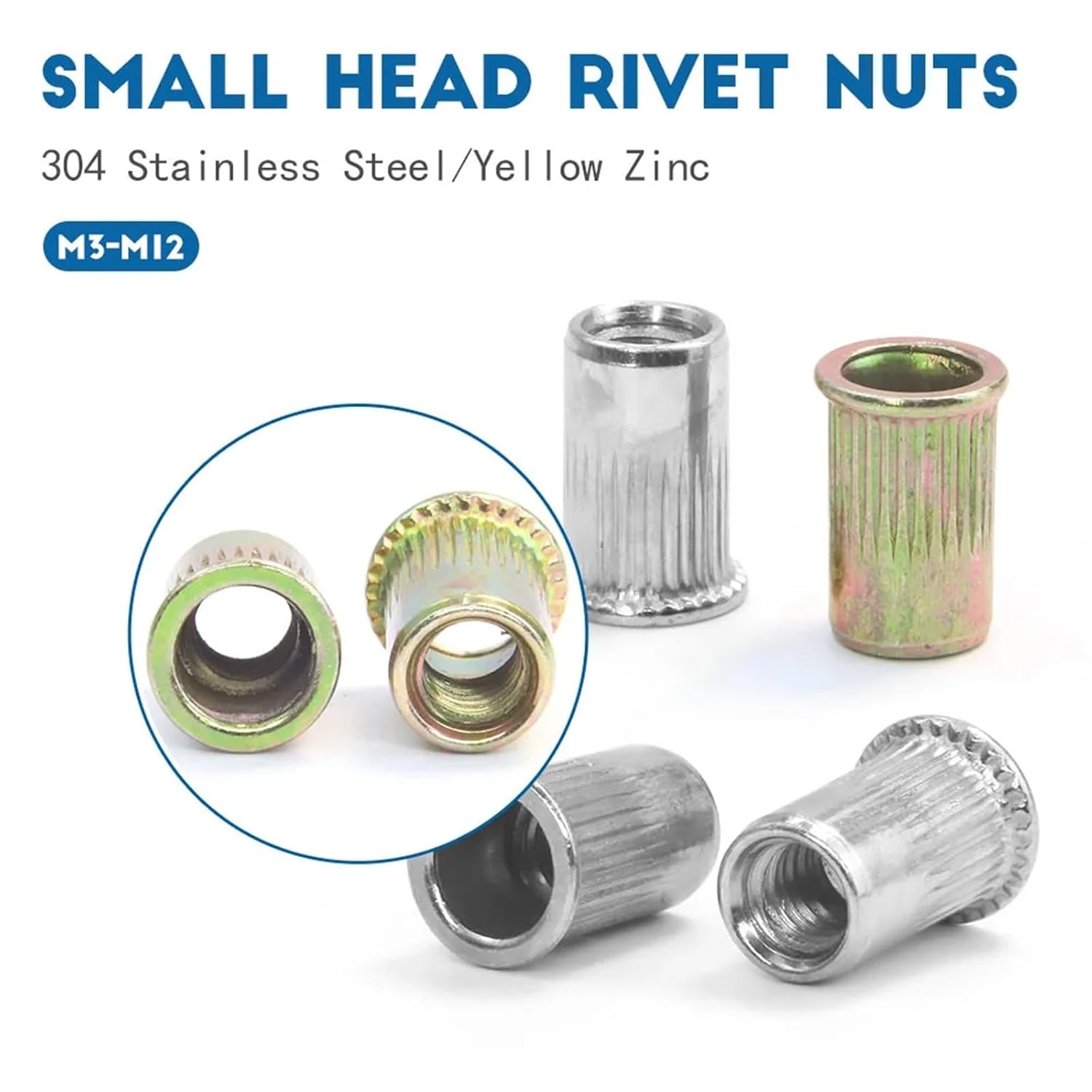 2-20pc Small Flat Head Blind Rivet Nut Carbon Steel 304 Stainless M3-M12 Rivnut Threaded Insert(Yellow zinc,M4 20pcs)