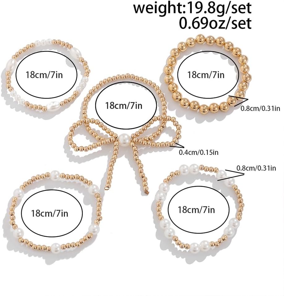 Gold Bow Beaded Pearl Bracelets Stack for Women Trendy, Charm Enamel Bow Knot Heart Non Tarnish Bracelet Dainty Bead Ball Stretch Link Jewelry Gifts - Image 3